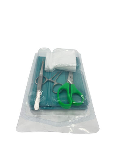 SET POSE DE SUTURE 1 CHAMP + 1 CISEAUX POINTUS + 1 PINCE + 1 PORTE AIGUILLE + 5 COMPRESSES INNOSET