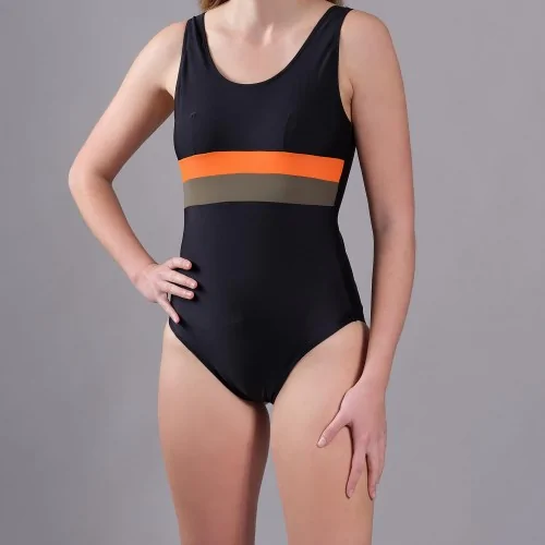 Maillot de bain incontinence femme rayures poitrine noir kaki orange 116 BENEFACTOR